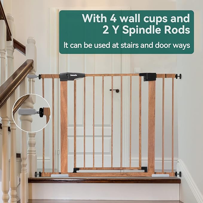 Mom's Choice Award Winner-BABELIO 26-40" Metal Baby Gate with Wood Pattern, PressGuard C5 Easy Install Pressure Mounted Dog Gate for Stairs and Doorways, with Wall Protectors and Extension Kits