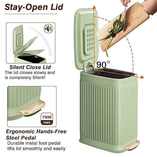 Slim Trash Can for Bathroom with Air Freshener Soft Close Lid, 6 Liter/ 1.6 Gallon Stainless Steel Garbage Can with Removable Inner Bucket,Step Pedal, Small Wastebasket for Bedroom, Kitchen (Green)