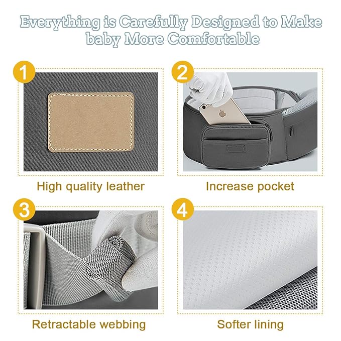 FRUITEAM 6-in-1 Baby Carrier with Waist Stool/Hip Seat, One Size Fits All -Adapt to Newborn, Baby Hip Carrier for Breastfeeding, Infant & Toddler, Dark Grey