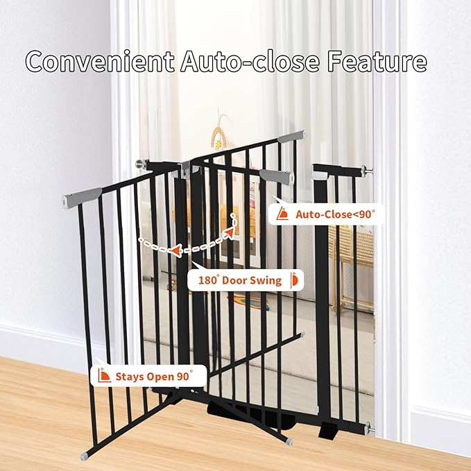 41 Inch Tall Baby Gate Auto Close Dog Gate Adjustable 29.92"-43.71" Wide Pressure Mounted Walk Through Swing Pet Gate for Doorways (Black, 29.92"-43.71" Wide)