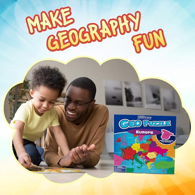 GeoToys GeoPuzzle, Europe Shaped Jigsaw Puzzles, 58 Pc Geography Puzzle, Geography Game & Map Puzzle - Jigsaw Puzzles for Kids Ages 6-9 Years Old
