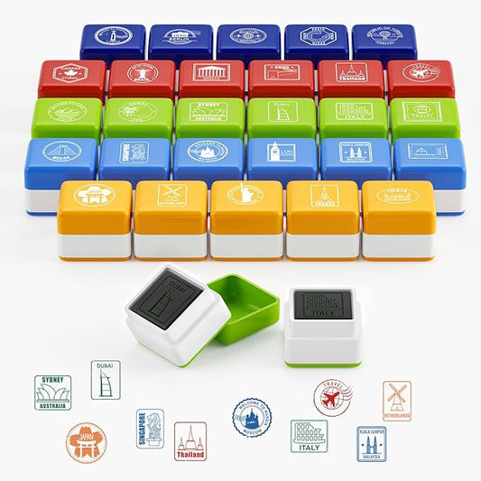 28 Pcs Passport Stamps for Kids with Storage Box – City and Country Rubber Stamp Set for Learning, Travel Theme, Arts and Crafts, Scrapbooking, Classroom Activities