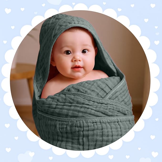 Peryiter 6 Pcs Muslin Hooded Baby Towels, 32"x 32" Cotton Newborn Bath Towel Muslin Infant Baby Blankets Absorbent Unisex Newborn Registry Gift Essentials for Girls Boys (Green Series)
