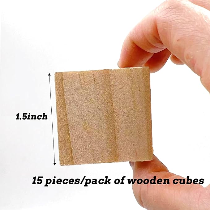Wooden Blocks for Crafts, Unfinished Wood Cubes, 1.5 Inch Natural Wood Blocks, Pack of 15 Wood Square Blocks, Wooden Cubes for Arts and Crafts and DIY Projects