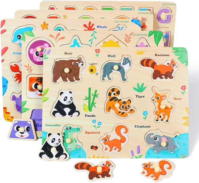 GRINNNIE Wooden Puzzles for Toddlers 3 4 5 Years Old, Montessori Toddler Toys 5PCS Peg Puzzles with Knob - Number, Alphabet, Shape, and Animal, Great Christmas Birthday Gifts for Boys Girls
