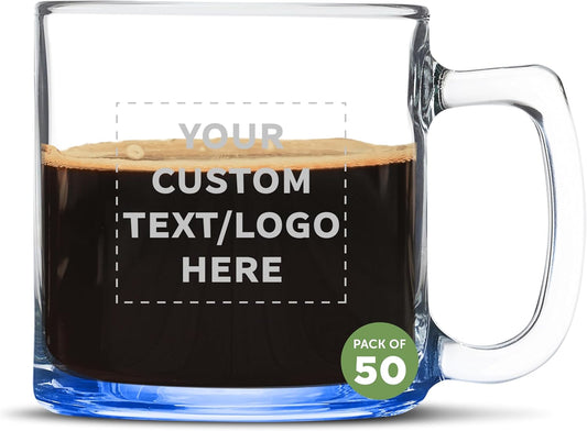 DISCOUNT PTOMOS Custom Small Glass Coffee Mugs 9 oz. Set of 50, Personalized Bulk Pack - Perfect for Coffee, Tea, Espresso, Hot Cocoa, Other Beverages - Blue