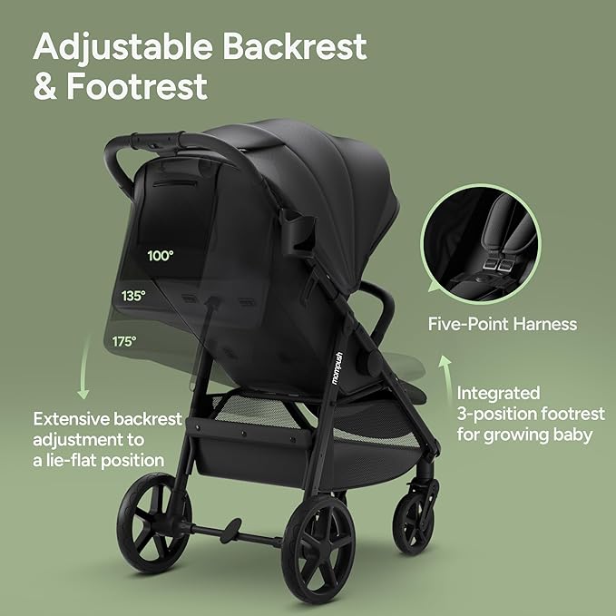 Mompush Nova Baby Stroller for Toddler, Infant & Newborn | Spacious Seat & Lie-Flat Mode | Compact One-Hand Fold, UPF 50+ Canopy & All-Wheel Suspension | Includes Rain Cover & Cup Holder