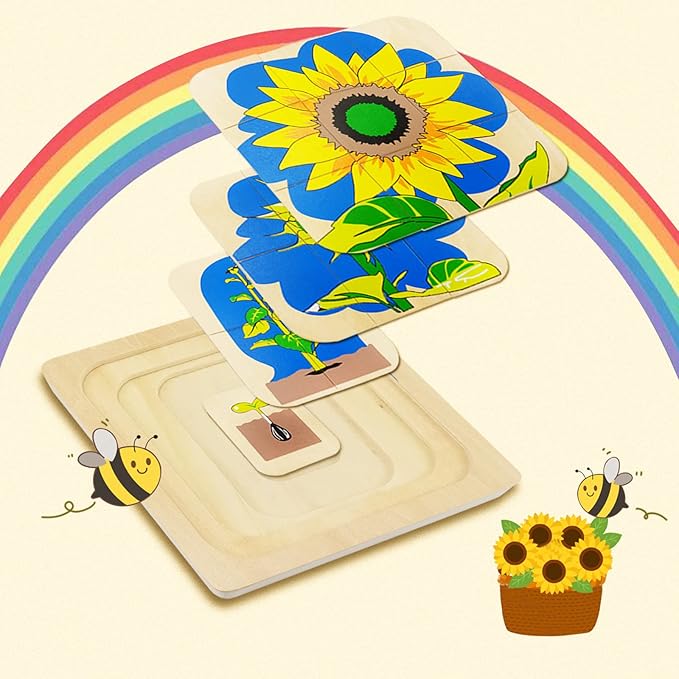 Montessori Wooden Puzzles for Kids Ages 4-8, 4 Layer Life Cycle Of Sunflower Jigsaw Puzzle for Toddlers, Children Preschool Learning Educational Puzzles Summer Toys Gift for Boys and Girls (Sunflower)