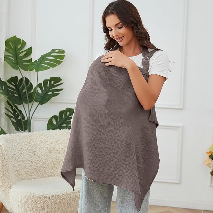 Muslin Nursing Cover for Baby Breastfeeding, Breathable 100% Cotton Breastfeeding Cover with Rigid Hoop for Mother Nursing Apron (Coffee)