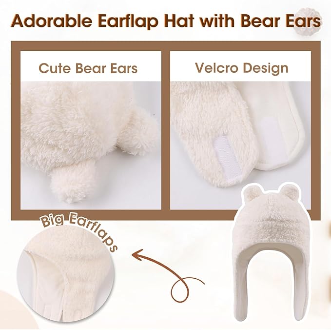 Bear Baby Winter Hat Toddler Earflap Beanie Unisex Infant Snow Cap Warm Fleece Kids Trapper Hats for Girls Boys 0-36M