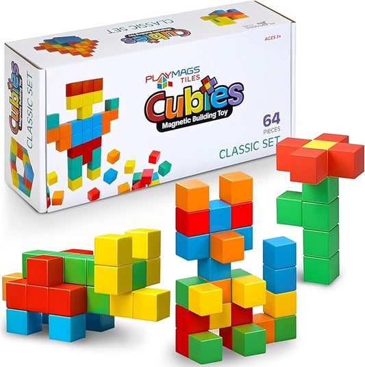 Playmags Magnetic Blocks Building Toy, 64pc Magnet Cubes STEM Toys for Toddler & Kids, Preschool, Educational Sensory Construction Block Toy for Boys & Girls