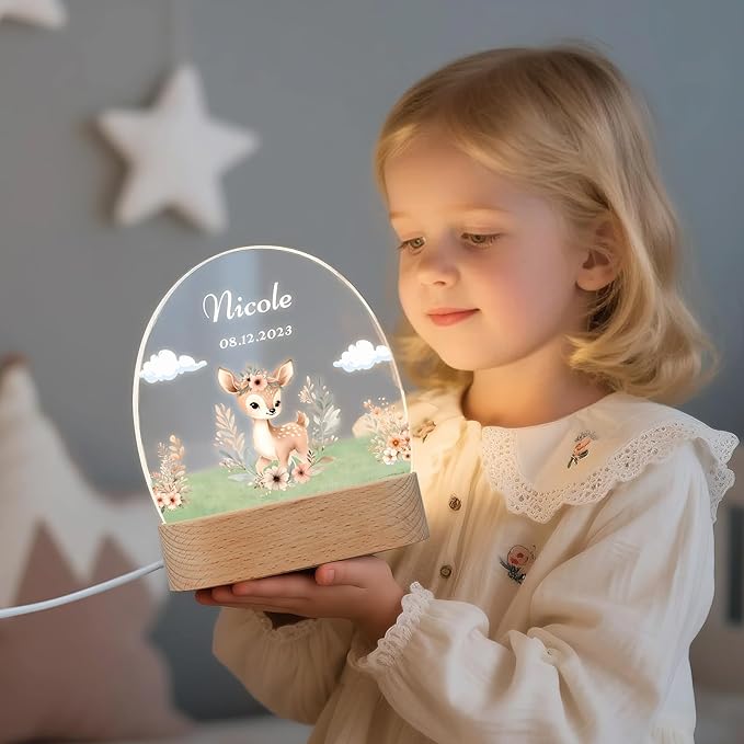 callie Acrylic Night Light Name Plate Personalized, Custom Cute Animal Dog Cat with Wooden Base Bedroom Decor, Birthday Gifts Kid Gifts for Family (Animal Bear Fox)