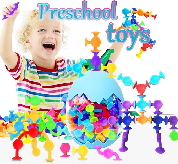 100pcs Suction Bath Toys for Baby Kids, Bath Toy Silicone Construction Building Blocks Montessori Sensory Toy for 3 4 5 6 7 8 Years Old Toddlers Boys Girls with Egg Storage…