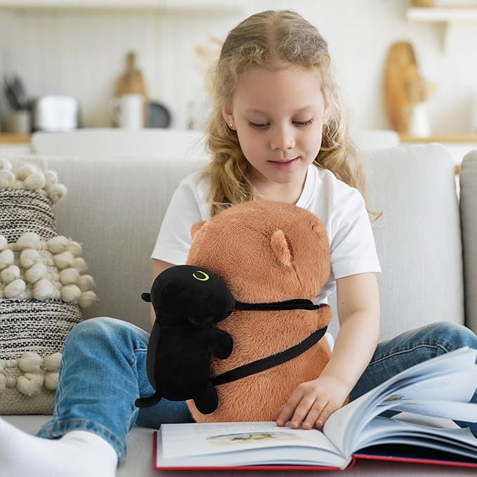 Achwishap Capybara Plush,Capybara Stuffed Animal Cute Plushies,Capybara Plush Toys,Kawaii Plushie Stuffed Toy with Black Cat Backpack Plushies Gifts for Kids Adults(Capybara with Black Cat,14”)