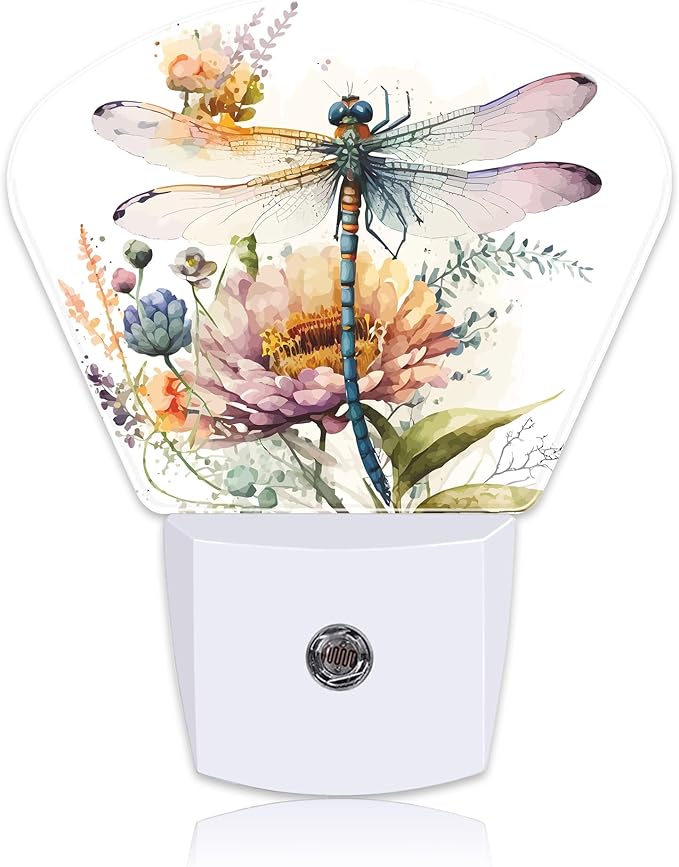 Watercolor Dragonfly Night Light Plug into Wall, Flowers Night Light with Dusk to Dawn Sensor for Kid Girls Boys Women Men Bedroom, Hallway, Kitchen, Bathroom, Stairs Decor