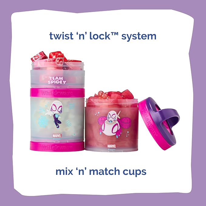 Whiskware Spider-Man Team Spidey Stackable Snack Containers for Babies, Kids, and Toddlers, 3 Stackable Snack Cups for School or Travel, Cupholder Friendly, Gwen Stacy