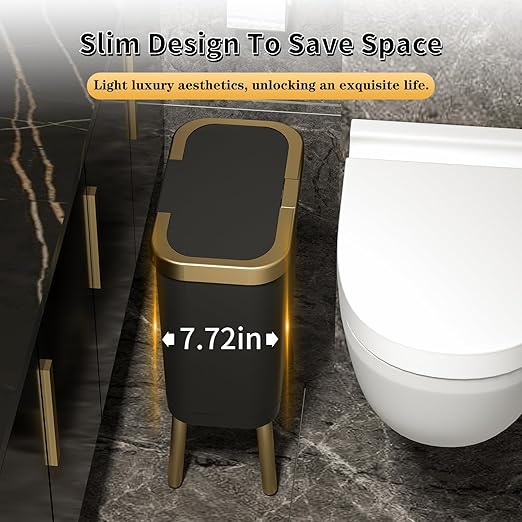 Procade Office Trash Can with Lid, Black Bathroom Trash Can with Gold Edge, Modern Narrow Garbage Can with Legs, Slim Plastic Trash Bin for Bedroom, Living Room,Kitchen,Toilet, 4 Gallon