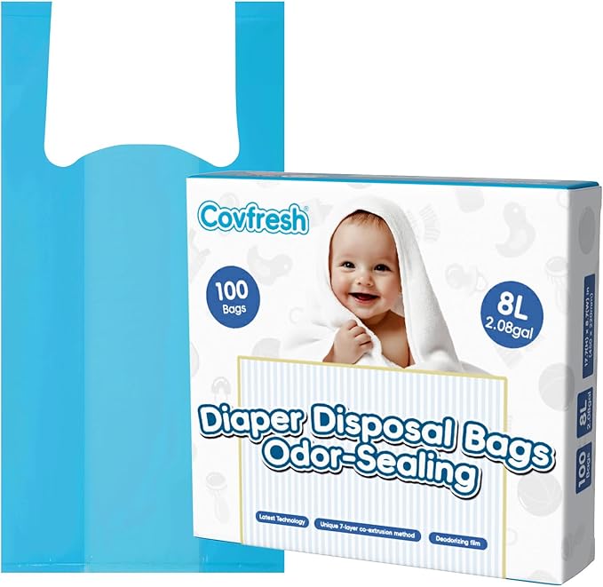 Odor Sealing Disposable Diaper Bags with Tie Handle, 100 count, Large Capacity, Unscented & Durable Diaper Trash Bags for Home & Baby Travel Use (Color:Blue)