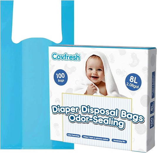 Odor Sealing Disposable Diaper Bags with Tie Handle, 100 count, Large Capacity, Unscented & Durable Diaper Trash Bags for Home & Baby Travel Use (Color:Blue)