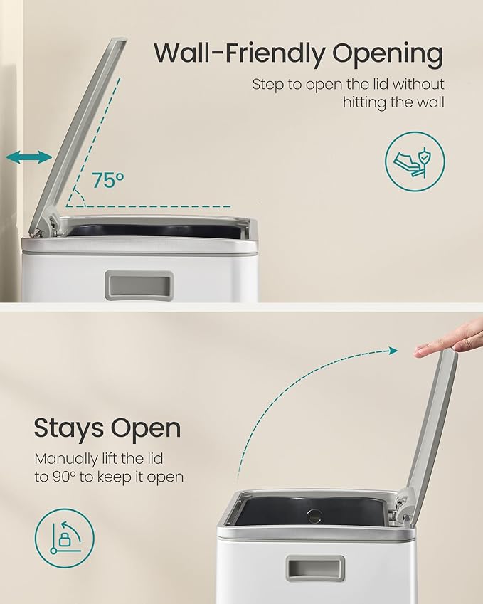 SONGMICS Trash Can, 13-Gallon Gabbage Can, with 15 Trash Bags, Steel, with Soft-Close Lid, Removable Inner Bucket, Handles, Cloud White ULTB595W01V1