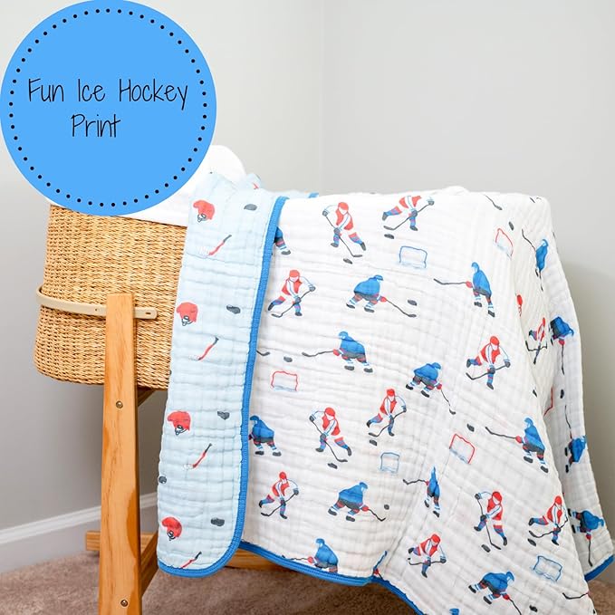 LollyBanks Muslin Blanket 100% Organic Cotton, Muslin Quilt Lightweight, 6 Layers Baby Blankets 47"x 47", Muslin Blanket for Boys, Nursery Receiving Blankets (Ice Hockey Print)