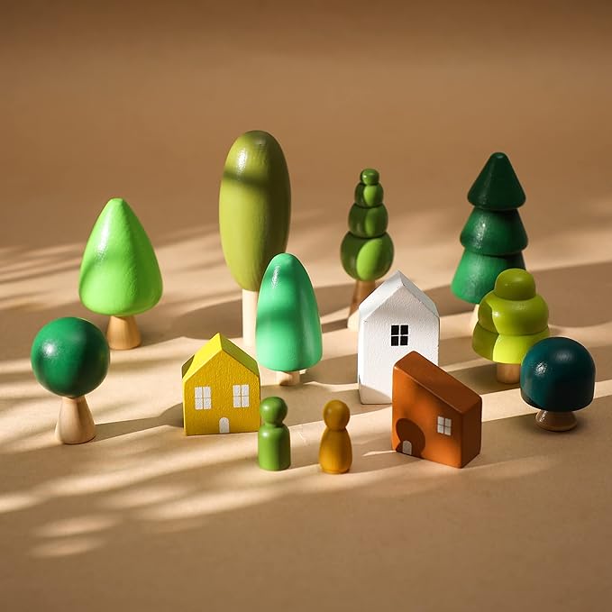 Wooden Forest House Stacking Toy Set with 13PCS Wood Miniature Tree Blocks Set Elegant Ornaments for Home Decor Accessories for Baby 36 Months+