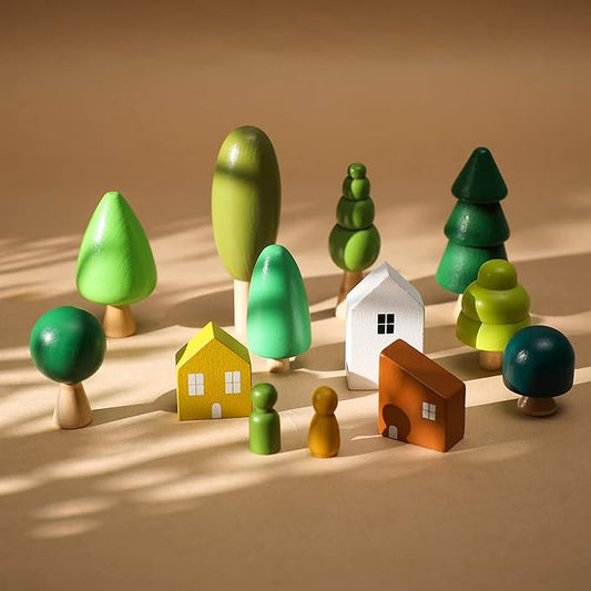 Wooden Forest House Stacking Toy Set with 13PCS Wood Miniature Tree Blocks Set Elegant Ornaments for Home Decor Accessories for Baby 36 Months+