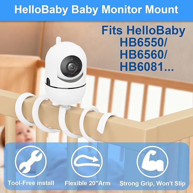 Flexible Baby Monitor Mount for HelloBaby HB6550/Pro/HB6560/HB6240/HB65/HB6351/HB6339/ HB66 Baby Camera Mount Adjustable Long Gooseneck Bracket, Baby Monitors Holder No Tools or Wall Damage (20 inch)