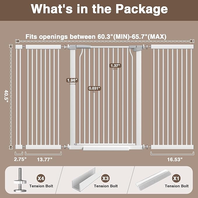 41-Inch Extra Tall Baby Gate for Doorway, 60.3-65.7 Inch Metal Pet Safe Gate with Expansion Kit, No Drilling Cat Fence Indoor, White