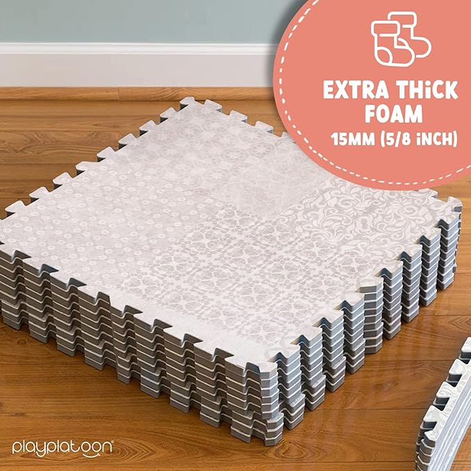 Play Platoon Non-Toxic Extra-Thick Childrens Foam Play Mats for Floor, 9 Tiles - 72 x 72 inch Comfortable Cushioned Foam Floor Puzzle Tiles for Kids & Toddlers with 24 x 24 inch Sets - Khaki