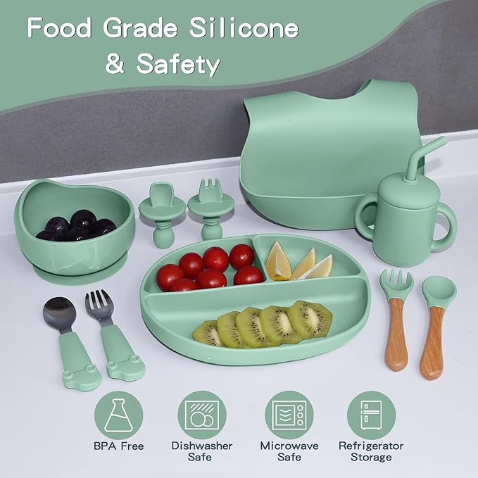 Silicone Baby Feeding Set 10Pcs, Toddler Plates with Suction Baby Bowls, Silicone Bibs for Babies, Toddler Cup, Baby Spoon & Fork, Baby Utensils Feeding Essentials for Starting Solids