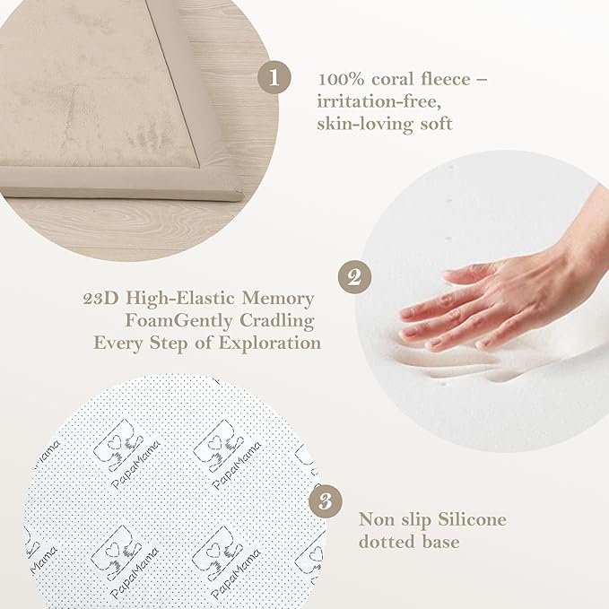 Baby Play Mat for Floor, 1.3"Thick Extra Large Cushioning Memory Foam Playpen Mat, Soft Coral Velvet Baby Crawling Mat with Non-Slip Backing for Toddlers,Infants,Kids,Yoga Mat (Khaki 79"×118"×1.3")