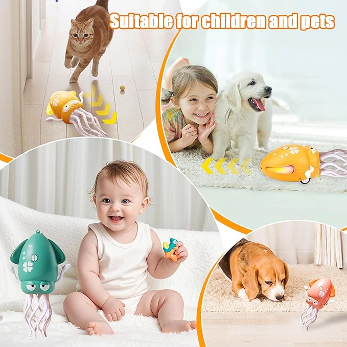 Dancing Octopus Toy Magic Electric Playful Tummy Time Toy, Auto Evasion Crawling Dancing Octopus with Fishing Rod for Baby Toddlers for 3 4 5 6 Year Old Kids Boy Girl Birthday Gifts (Yellow)