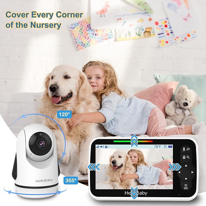 HelloBaby 5 Inch Video Baby Monitor with Camera and Audio, Remote Pan-Tilt-Zoom Camera with Night Vision, 2-Way Talk, Temperature, 8 Lullabies and 1000ft Range Baby Monitor No WiFi Needed