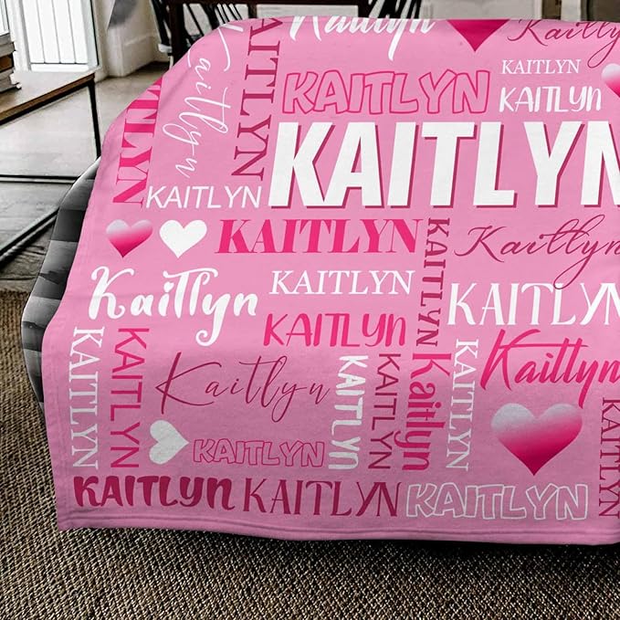Personalized Baby Blanket for Girls Boys, Custom Name Blanket Pink and Hearts Pattern for Baby Shower, Fuzzy Blanket for Infant or Newborn Receiving Blanket for Crib, Stroller, Travel