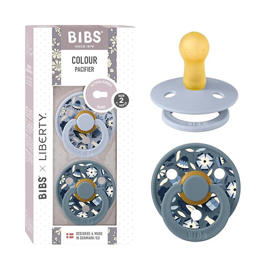 BIBS Colour Liberty Soother 2-Pack, BPA Free Dummy Pacifier, Round Nipple. Natural Rubber Latex, Made in Denmark, Size 2 (6-18 Months), Bobo Dusty Blue Mix
