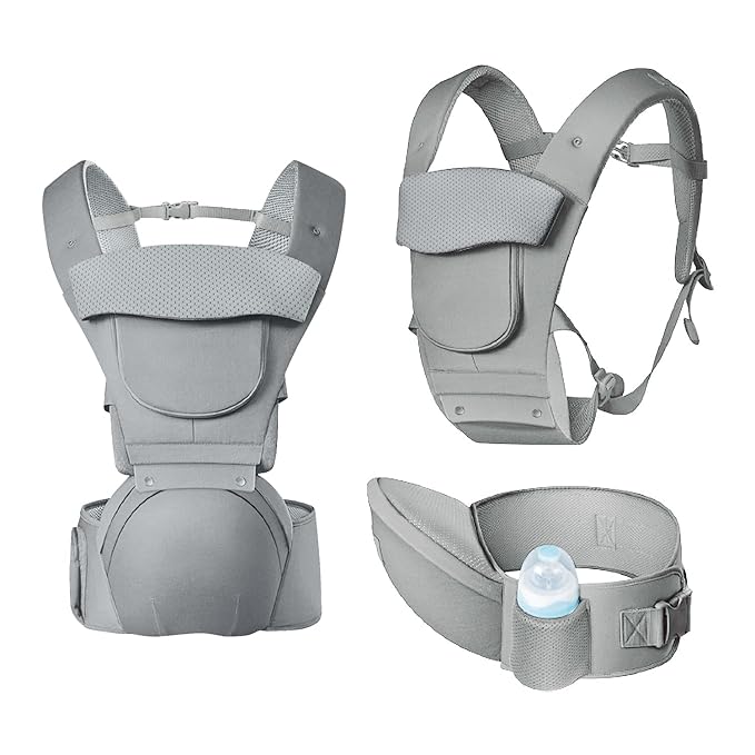 Baby Carrier Newborn to Toddler,12 in 1 Baby Holder Carrier with Adjustable Waist Belt,Baby Carrier with Hip Seat,Safety-Certified Baby Hip Carrier with Foldable Neck Support Pod,Ergonomic-Grey