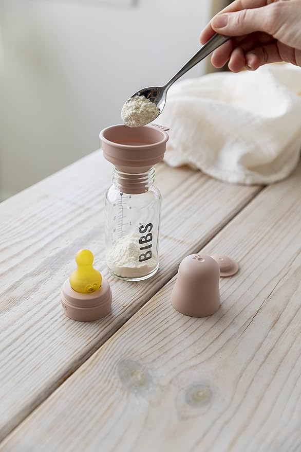 BIBS Baby Glass Bottle Complete Set 110 ml | BPA Free Natural Rubber | Made in Denmark | Blush
