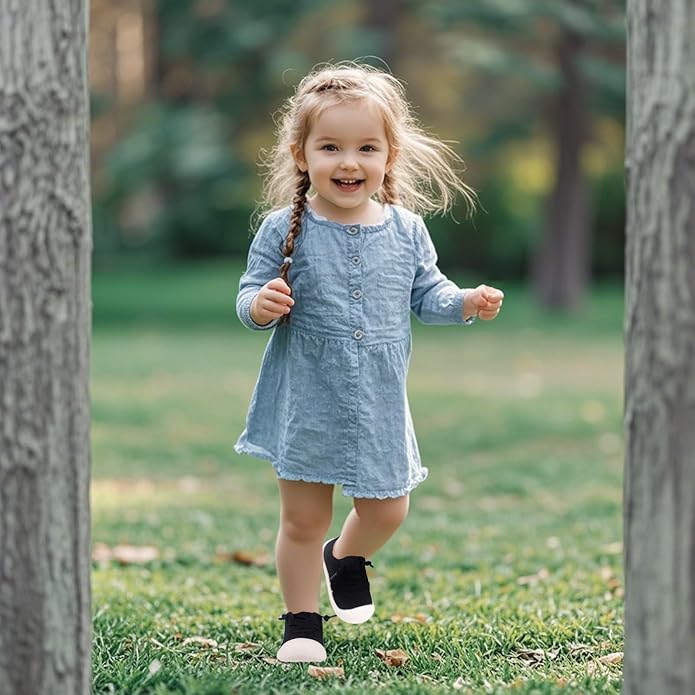 Baby Girl&Boy Toddler First Walking Shoes 6-12 Months Size 3 Black Barefoot Slip On Wide Toe Box Shoes Soft Footmates Casual Tennis Indoor Flexible Learning to Walk Rubber Sneakers