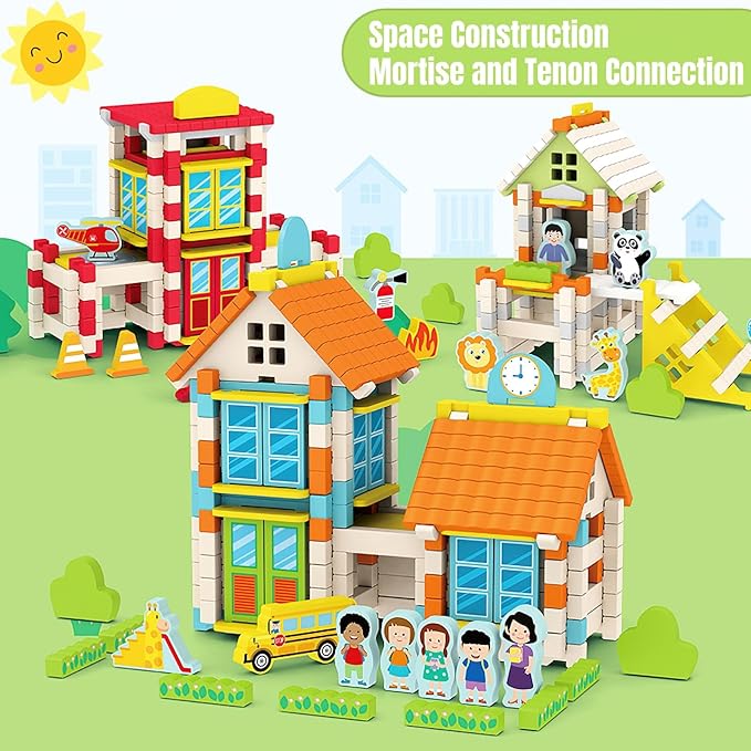 182PCS Wooden Building Blocks Set for Toddlers, Construction City Stacking Toys, Preschool Learning Educational Toys for Kids 3+ Years Girls and Boys (School)