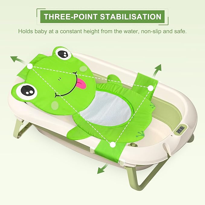 Baby Bath Seat Support Net, Quick Drying, Adjustable, Comfortable, Non-Slip, Infant Bathtub Sling Shower Mesh for a Tub, Soft Newborn Bath Mat (Green Frog)
