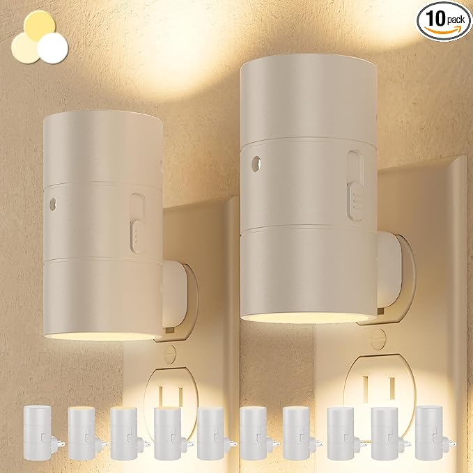 NIORSUN Night Lights Plug into Wall, Dimmable with 3 Color Modes & Auto On/Off Sensor, Ultra-Slim Nightlight for Hallway, Bathroom, Bedroom, Nursery, Kitchen (10 Pack, White)