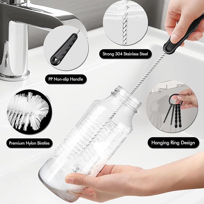 Bottle Cleaning Brush Set, 4Pcs Long Handle Bottle and Straw Cleaner Brushes for Washing Water Bottles Drinks Bottles Baby Bottles Glass Teapots