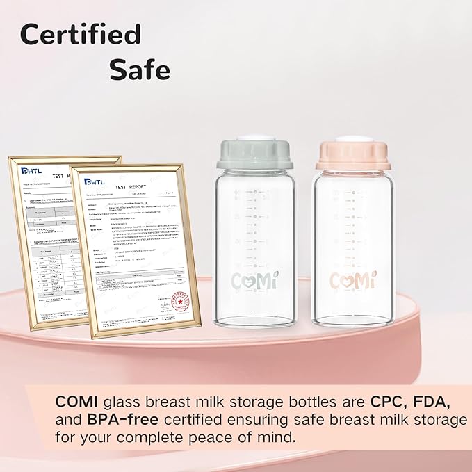 COMI Natural Glass Baby Bottle,Standard Neck Breastmilk Storage Bottle for Fridge,Breast Milk Container,Breast Pump Bottle Compatible with Medela Breast Pump,BPA Free,6PCS (5oz,3 Gray+3 Pink)