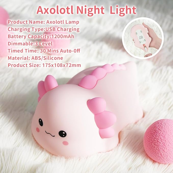 Axolotl Silicone Nursery Night Light, Dimmable LED Animal Lamp with Timer,Cute Gifts Rechargeable Bedroom Bedside Lamp with Touch Sensor Toy for Kids (Axolotl B)