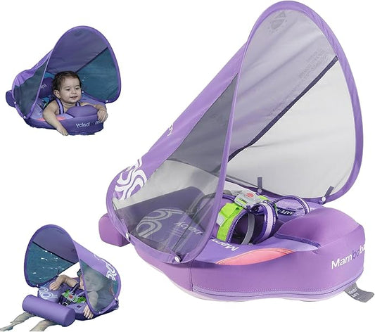Mambobaby Float Baby Float with Canopy & Tail Non-Inflatable Infant Pool Floats Adjustable Safety Strap Toddler Swim Trainer (Purple)