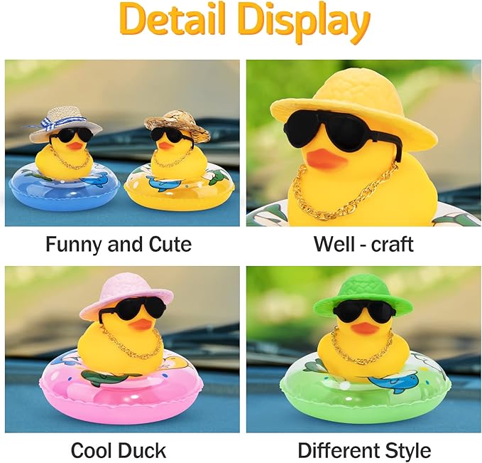 wonuu Car Rubber Duck, Yellow Duck Decoration Dashboard with Sun Hat Swim Ring Necklace Sunglasses for Car Dashboard Decorations