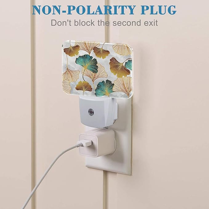 Luxurious Golden Ginkgo Leaves Night Light Plug into Wall, Green Ginkgo Night Light with Dusk to Dawn Sensor for Kid Girls Boys Women Men Bedroom, Hallway, Kitchen, Bathroom, Stairs Decor