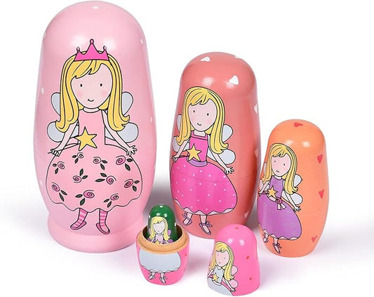 Russian Nesting Dolls, Stacking Wooden Handmade Matryoshka Dolls, 5 Pcs 6 ''Tall Animal Nesting Easter Eggs Toys for Kids Toddlers Birthday or Home Decoration Gift (Princess)