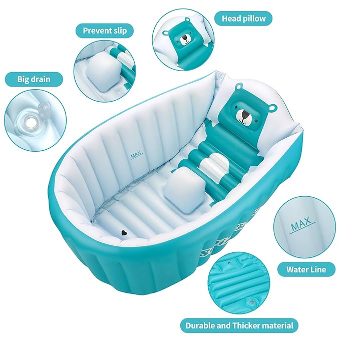 Inflatable Bathing Tub for Toddler,Non Slip Safety Thick Cushion Central Seat,Portable Travel Seat Baths Baby Swimming Pool for 0-5 Year(Blue)